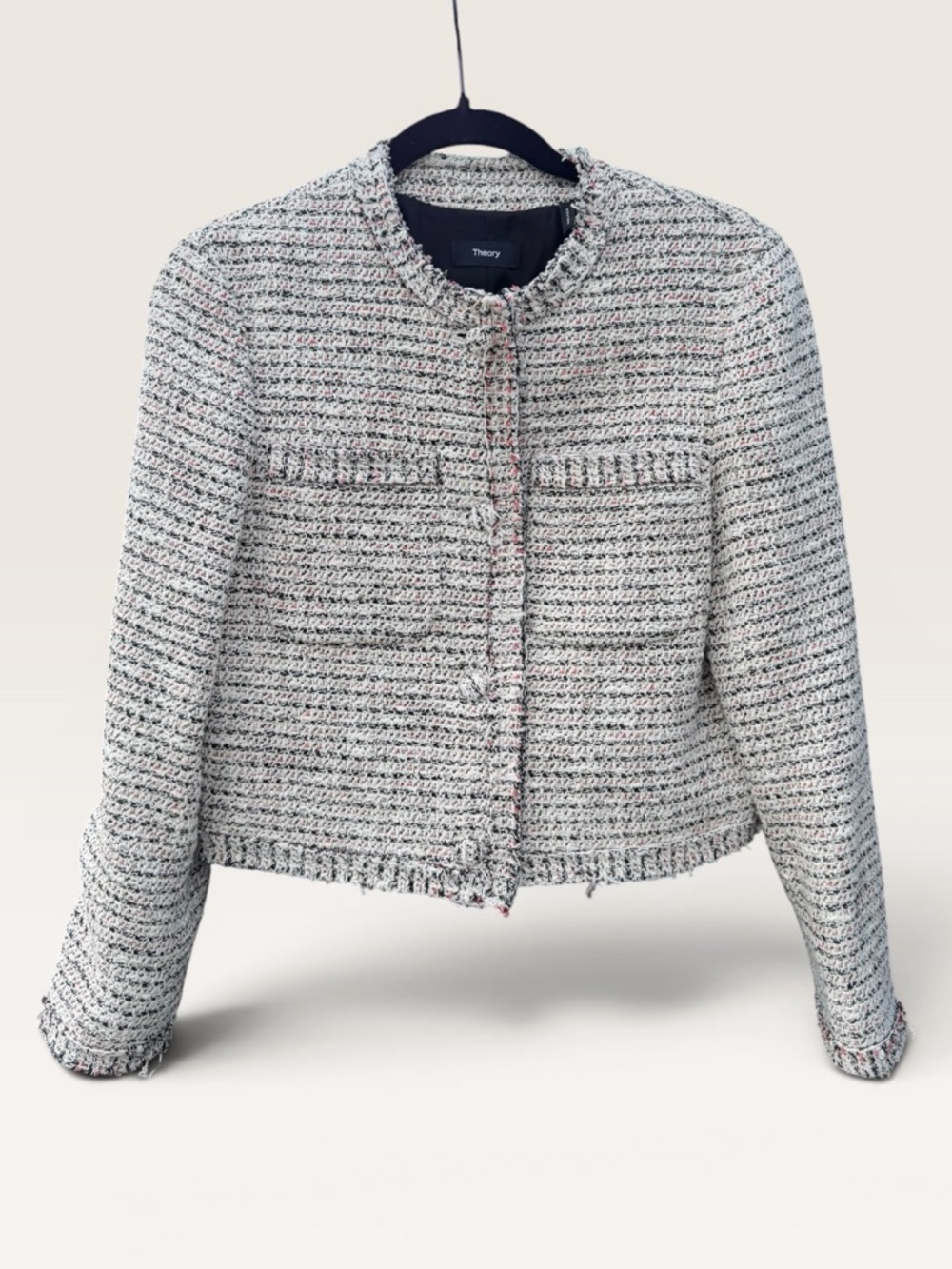 Theory Bouclé Tweed Cropped Jacket Fringe Trim Size 6